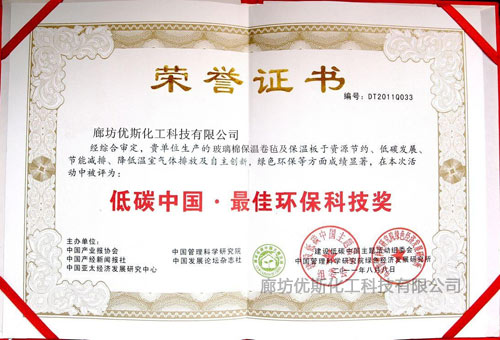 低碳中国最佳环保科技奖证书
